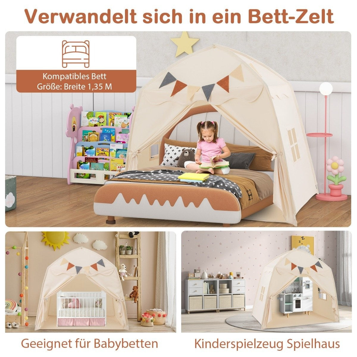 Kids Play Tent with Flags & Lights, Large Beige Playhouse