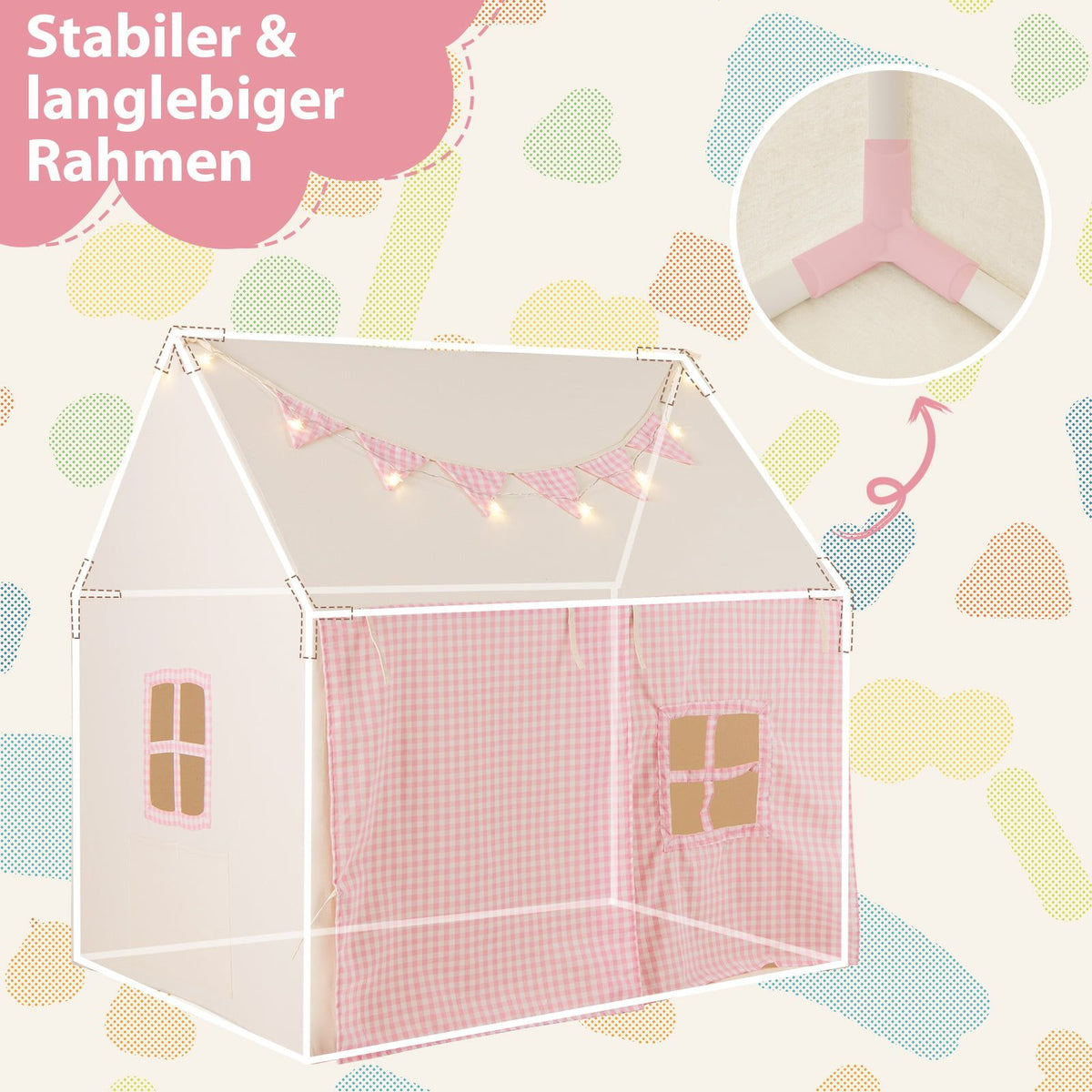 Kids Play Tent with Mat, Lights, and Flag Banner – Pink
