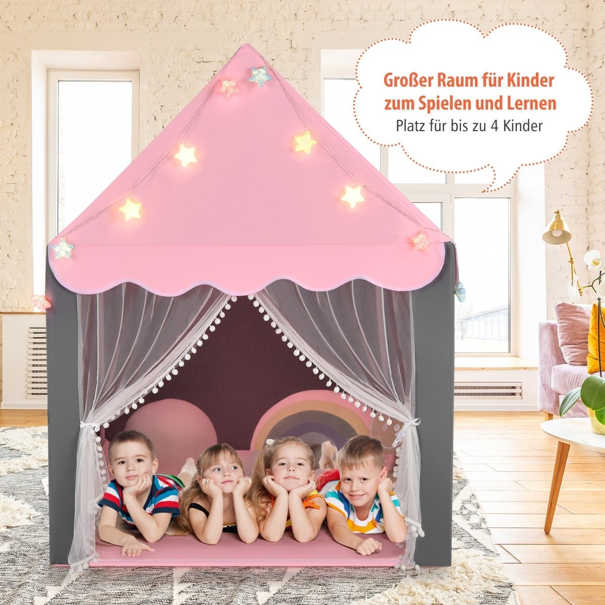 Kids Play Tent with Star Lights, 105 x 121 x 136 cm, Pink/Grey