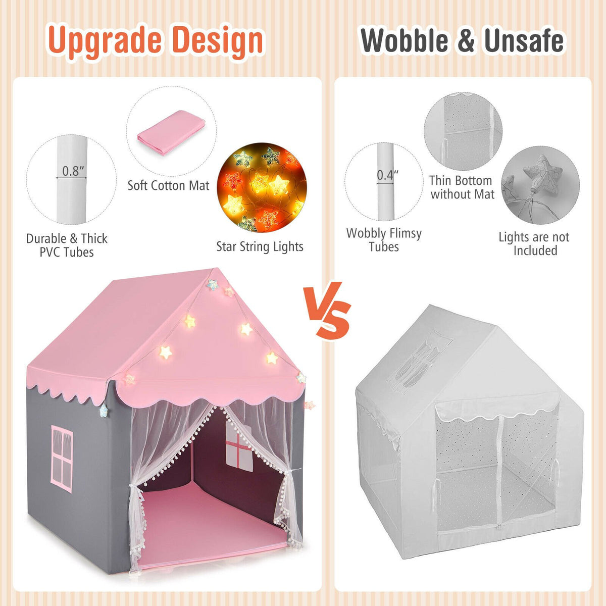 Kids Playhouse Tent with Star Lights and Mat - Pink