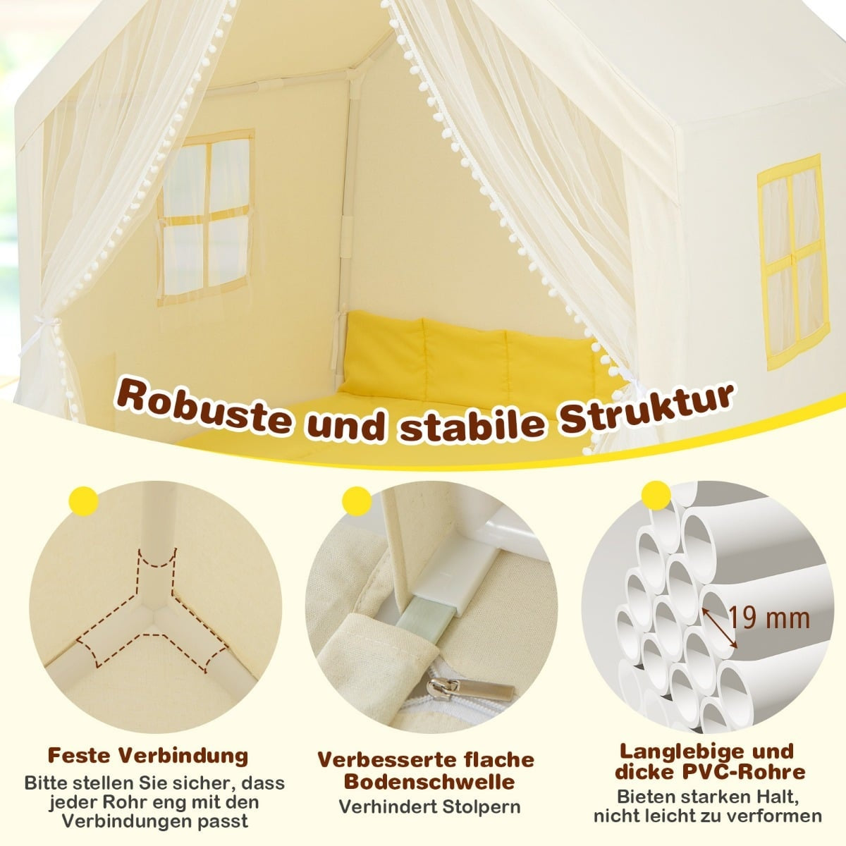 Kids Playhouse Tent with Washable Cotton Mat, 122x105x125 cm