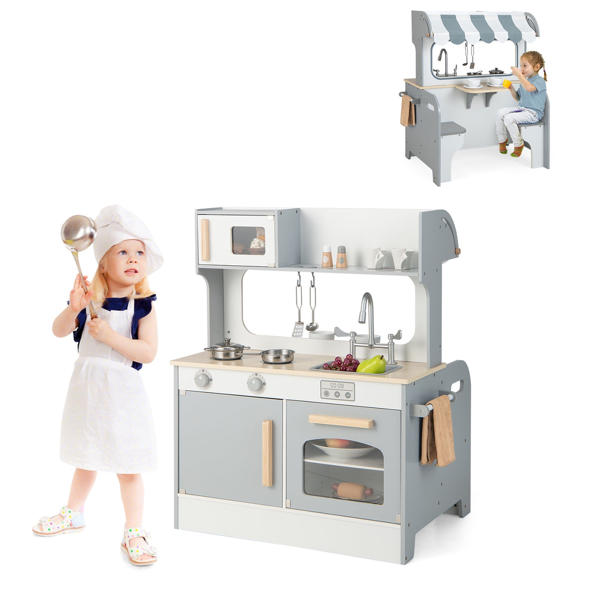 Kids Pretend Kitchen Playset – Double-Sided, 2-Seat Cafe, Gray