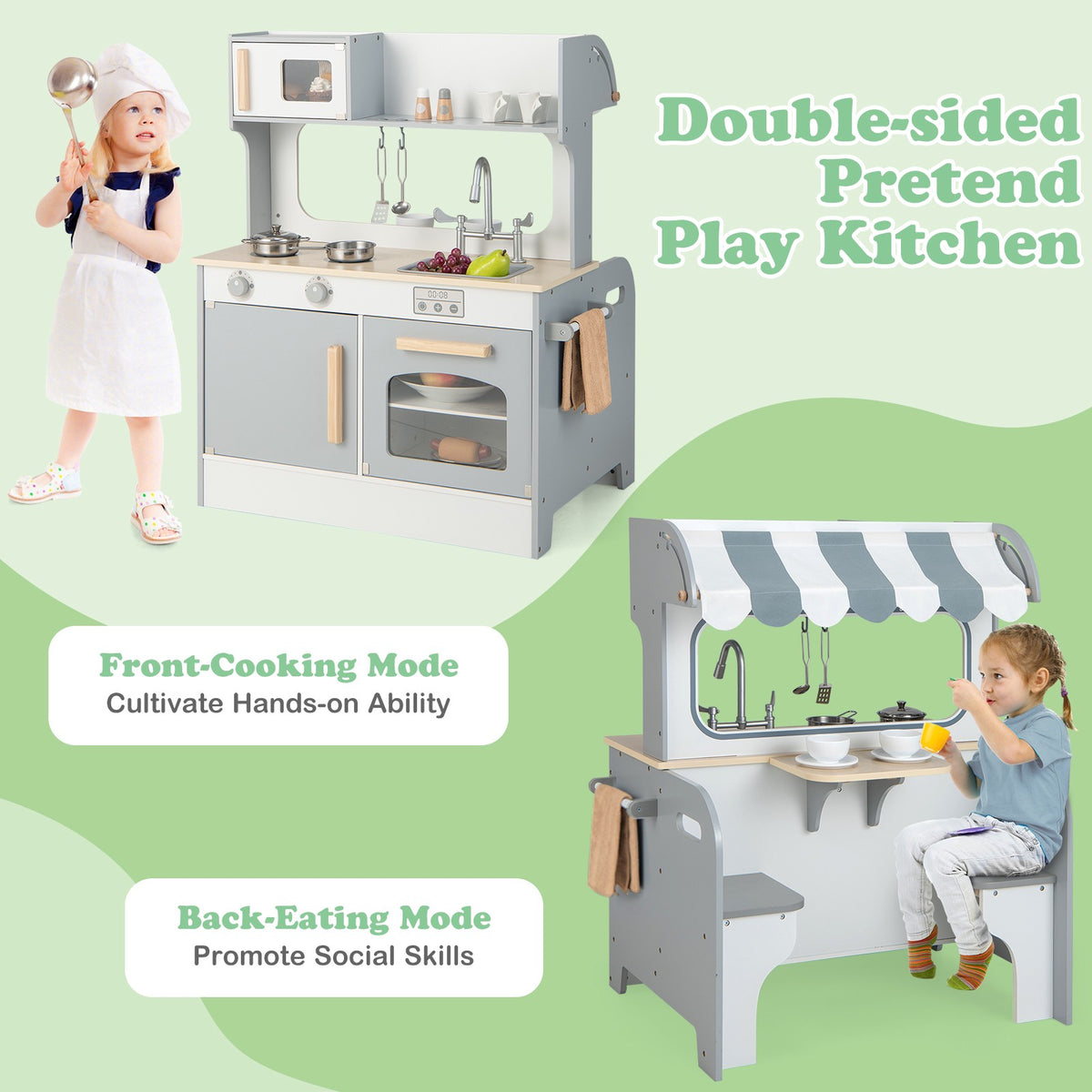 Kids Pretend Kitchen Playset – Double-Sided, 2-Seat Cafe, Gray