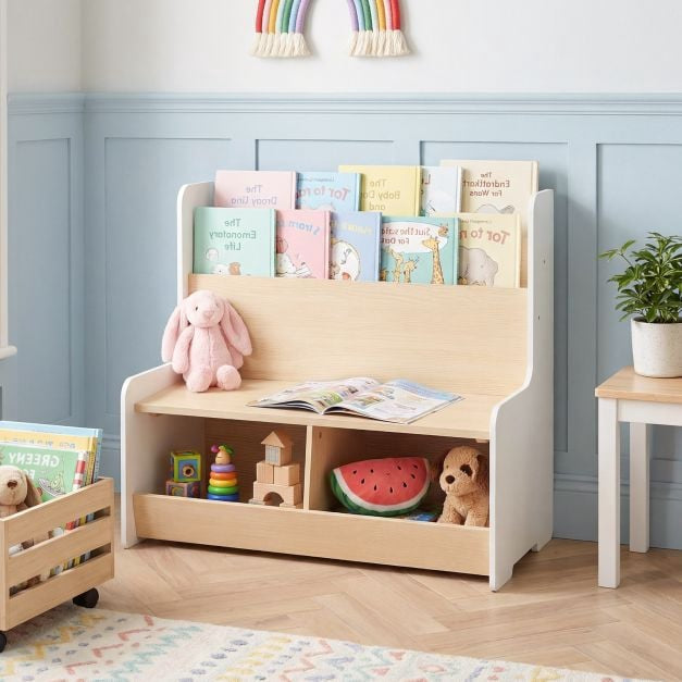 Kids Reading Nook Bench, Bookshelf With 2 Cubbies, White