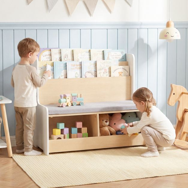 Kids Reading Nook Bench, Bookshelf With 2 Cubbies, White