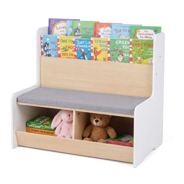 Kids Reading Nook Bench, Bookshelf With 2 Cubbies, White