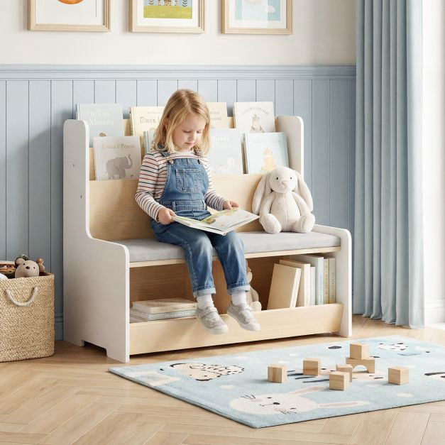 Kids Reading Nook Bench, Bookshelf With 2 Cubbies, White