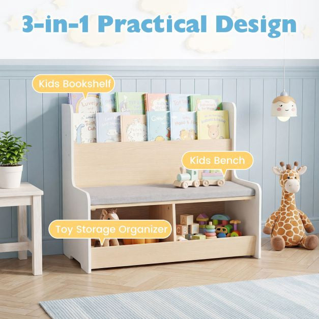 Kids Reading Nook Bench, Bookshelf With 2 Cubbies, White