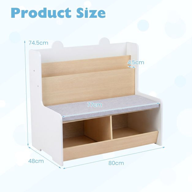 Kids Reading Nook Bench, Bookshelf With 2 Cubbies, White