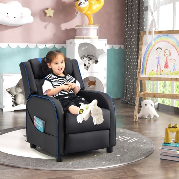 Kids Recliner Chair With Footrest, Side Pockets, Blue