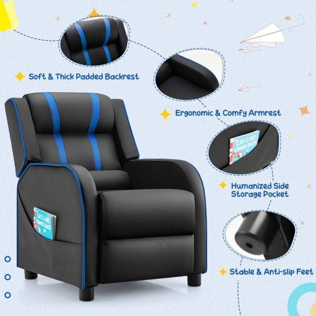 Kids Recliner Chair With Footrest, Side Pockets, Blue