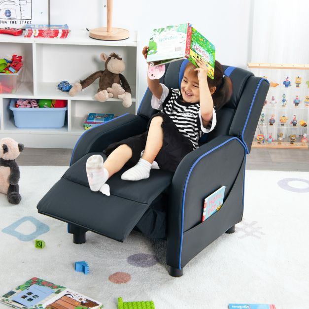 Kids Recliner Chair With Footrest, Side Pockets, Blue
