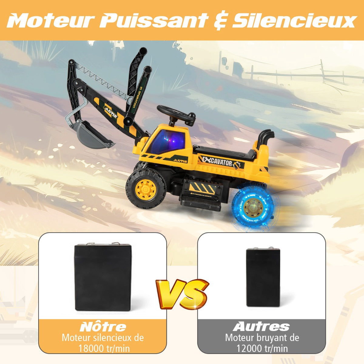Kids Ride-On Excavator 6V, Rotating Seat, Music