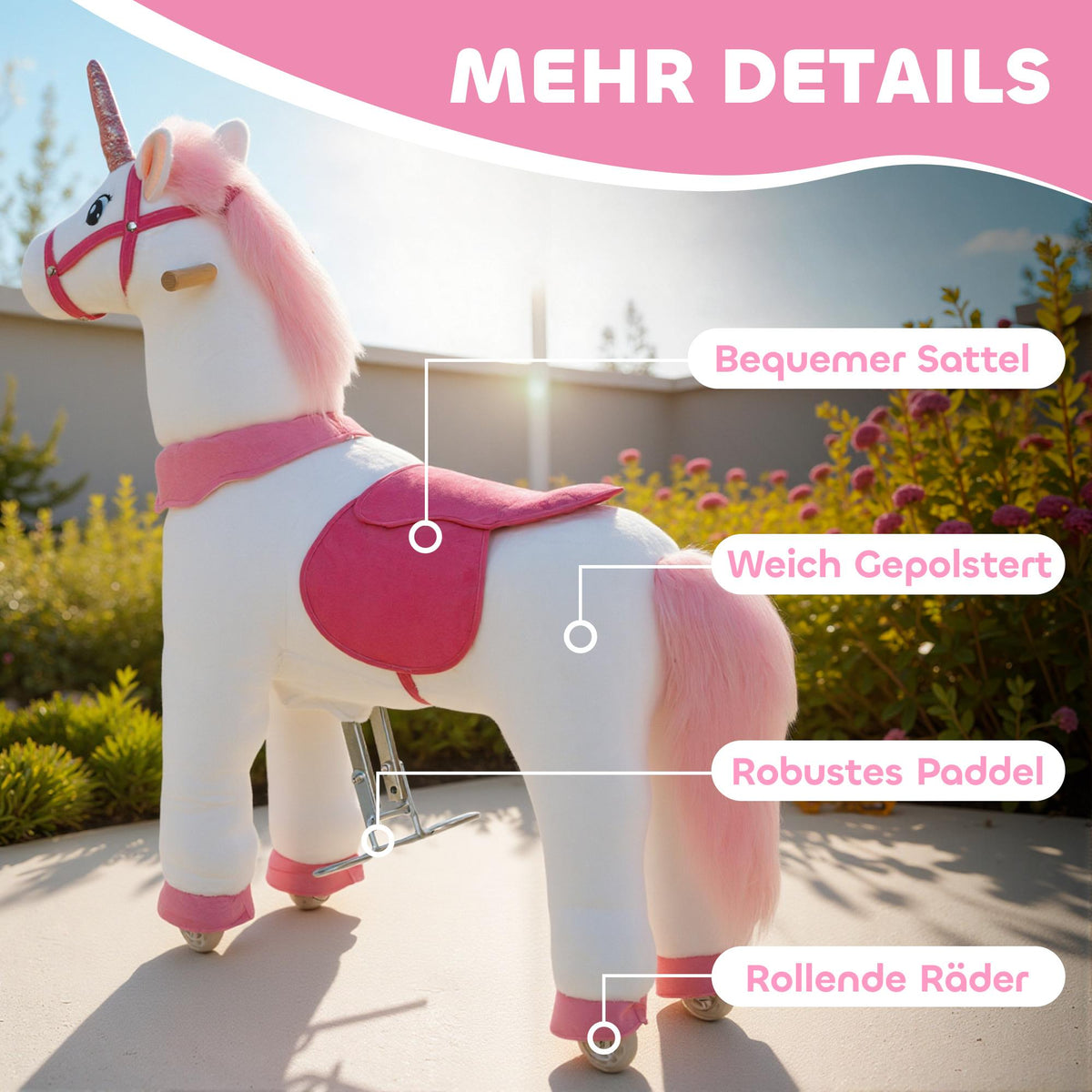 Kids Ride-On Unicorn, Soft Fabric, Ages 4-7, White
