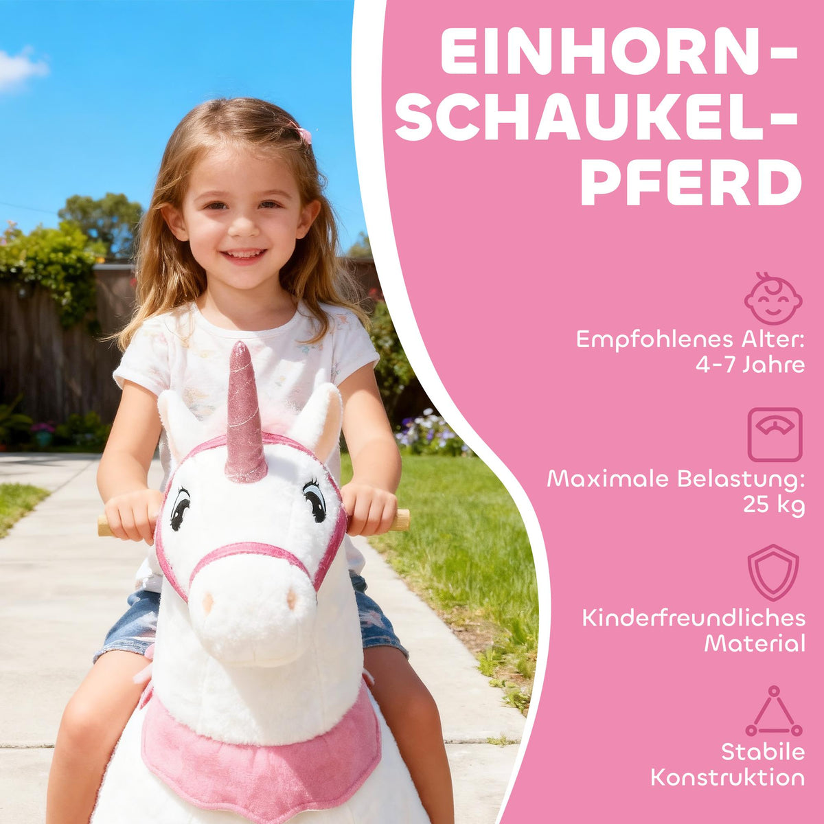 Kids Ride-On Unicorn, Soft Fabric, Ages 4-7, White