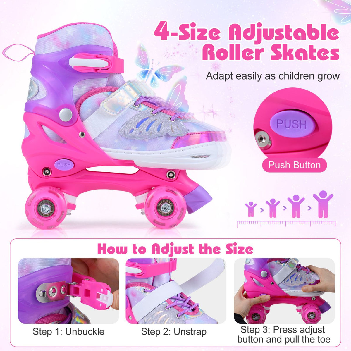 Kids Roller Skates, Adjustable, Light-Up Wheels, Pink