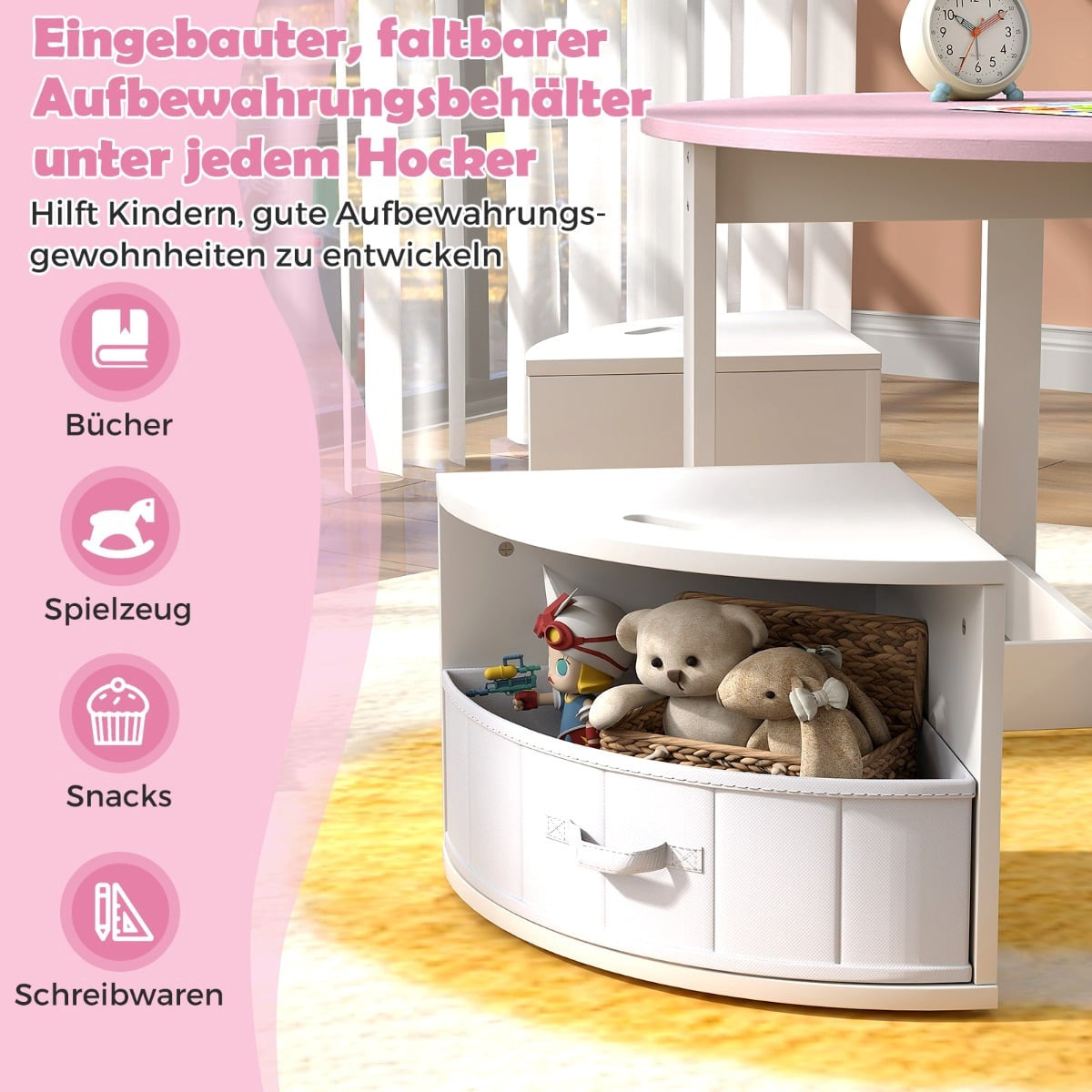 Kids Round Table Set with 4 Storage Stools, Pink