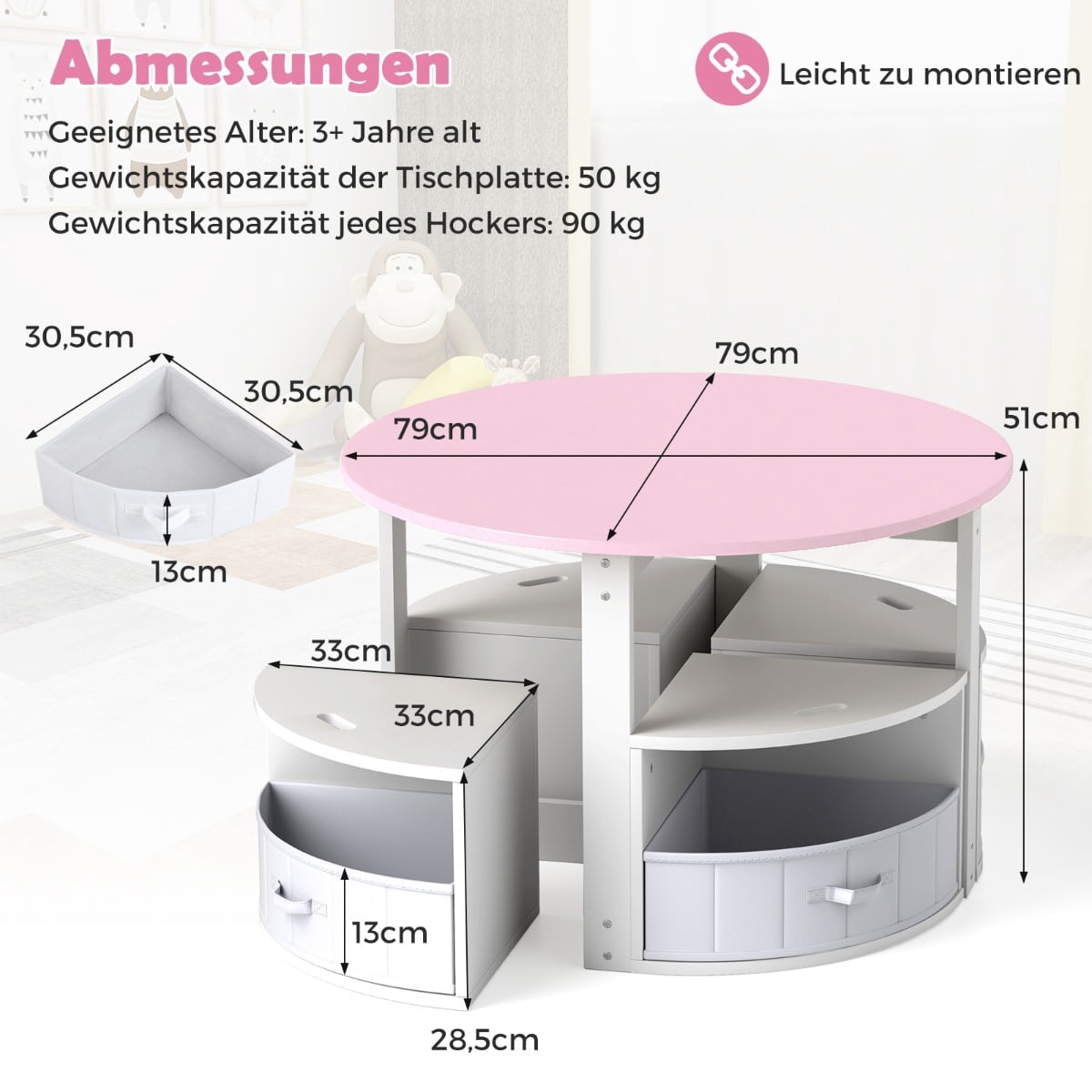 Kids Round Table Set with 4 Storage Stools, Pink