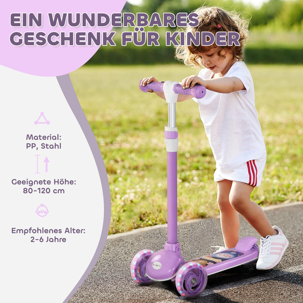 Kids Scooter with LED Wheels, Adjustable Height, Purple