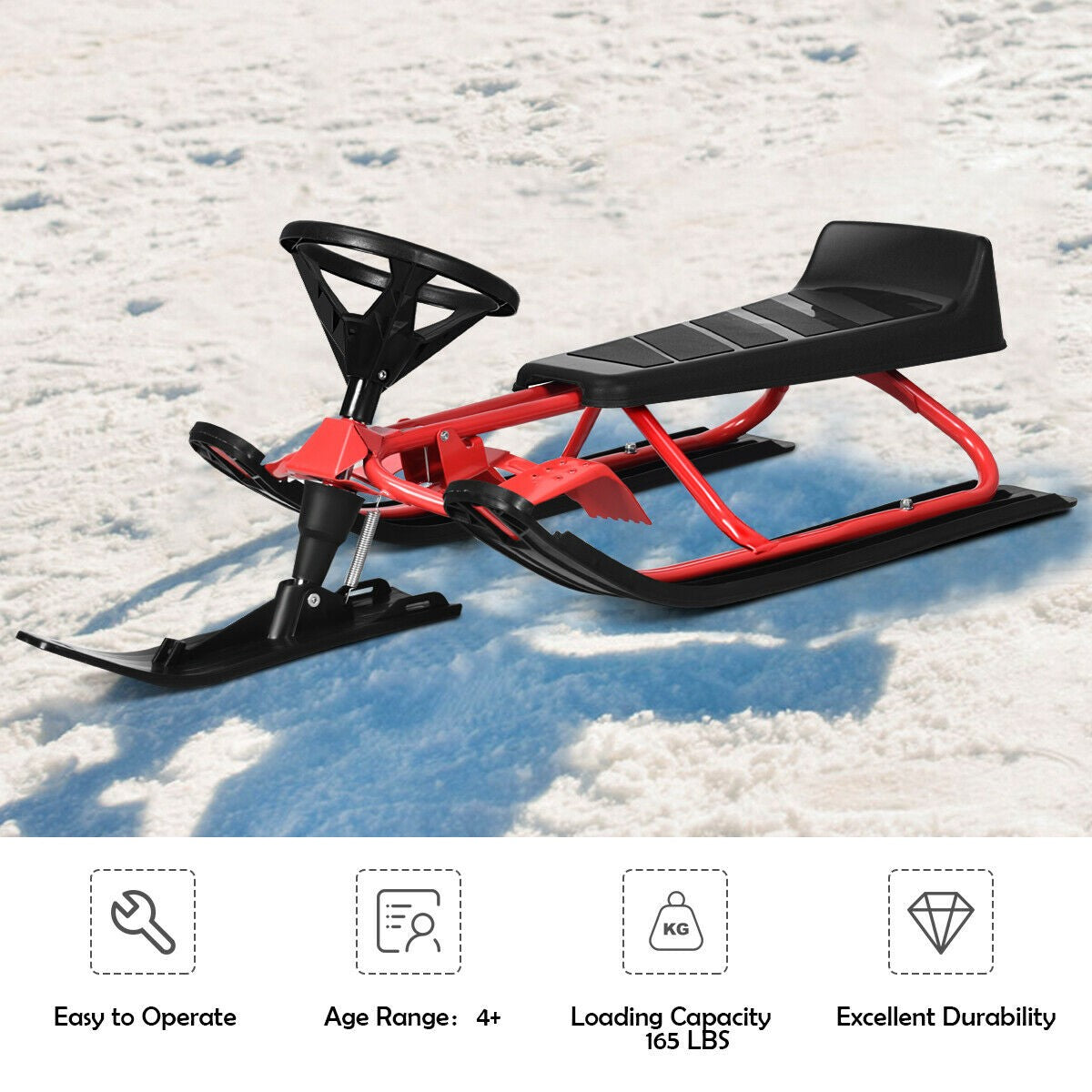 Kids Snow Sled With Steering Wheel, Double Brakes, Pull Rope