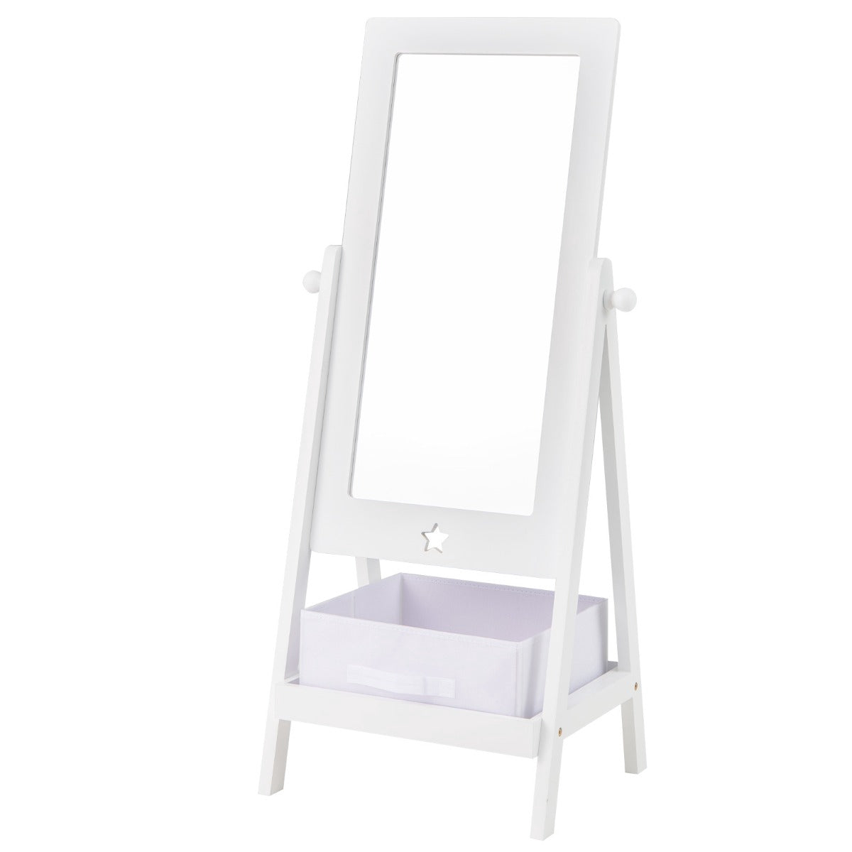 Kids Standing Mirror, 360 Rotating, Shelf and Hooks, White