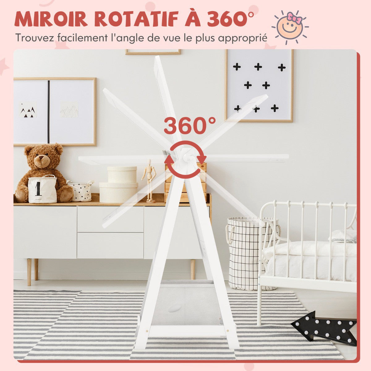 Kids Standing Mirror, 360 Rotating, Shelf and Hooks, White