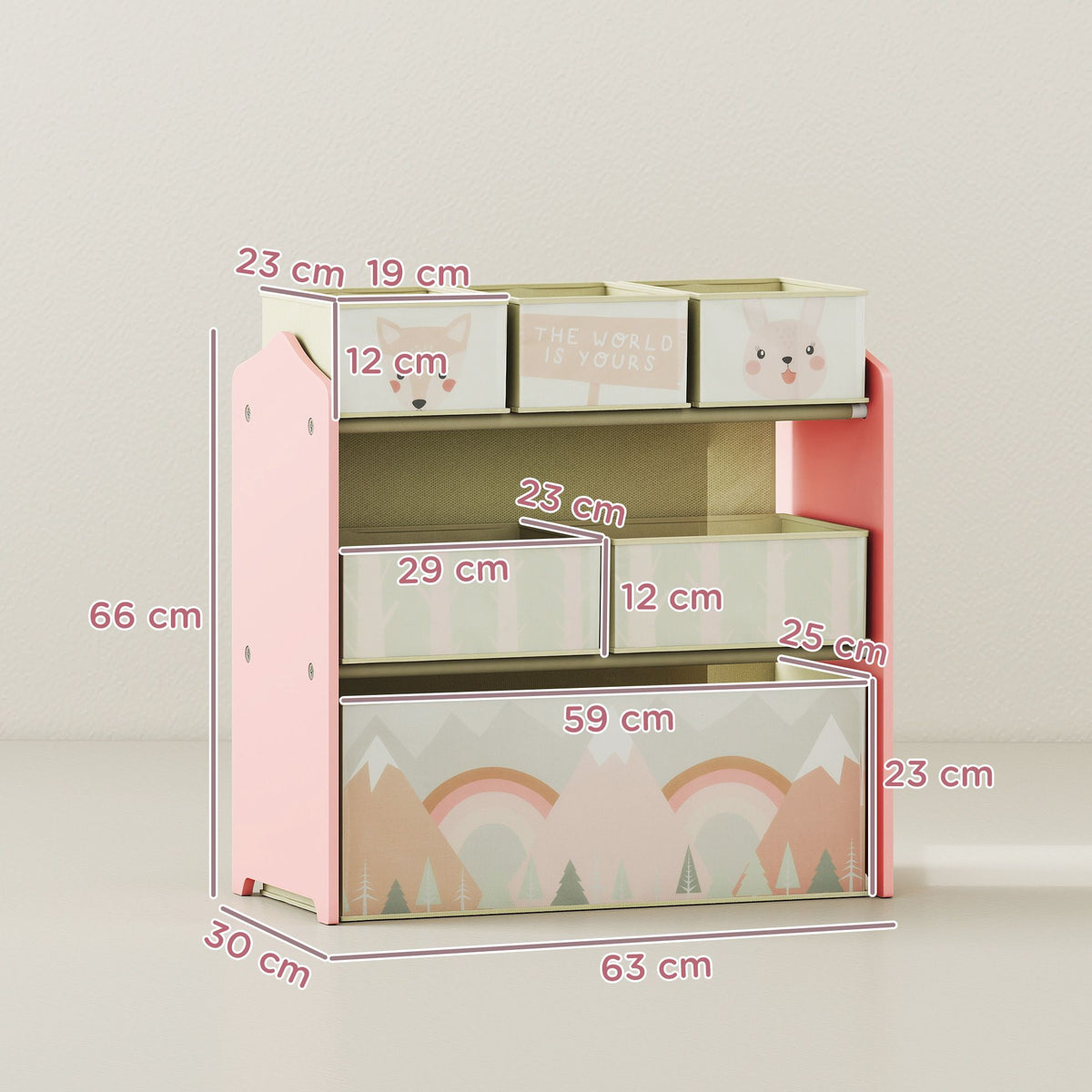 Kids Storage Cabinet with 6 Fabric Boxes, Pink, 63x30x66 cm