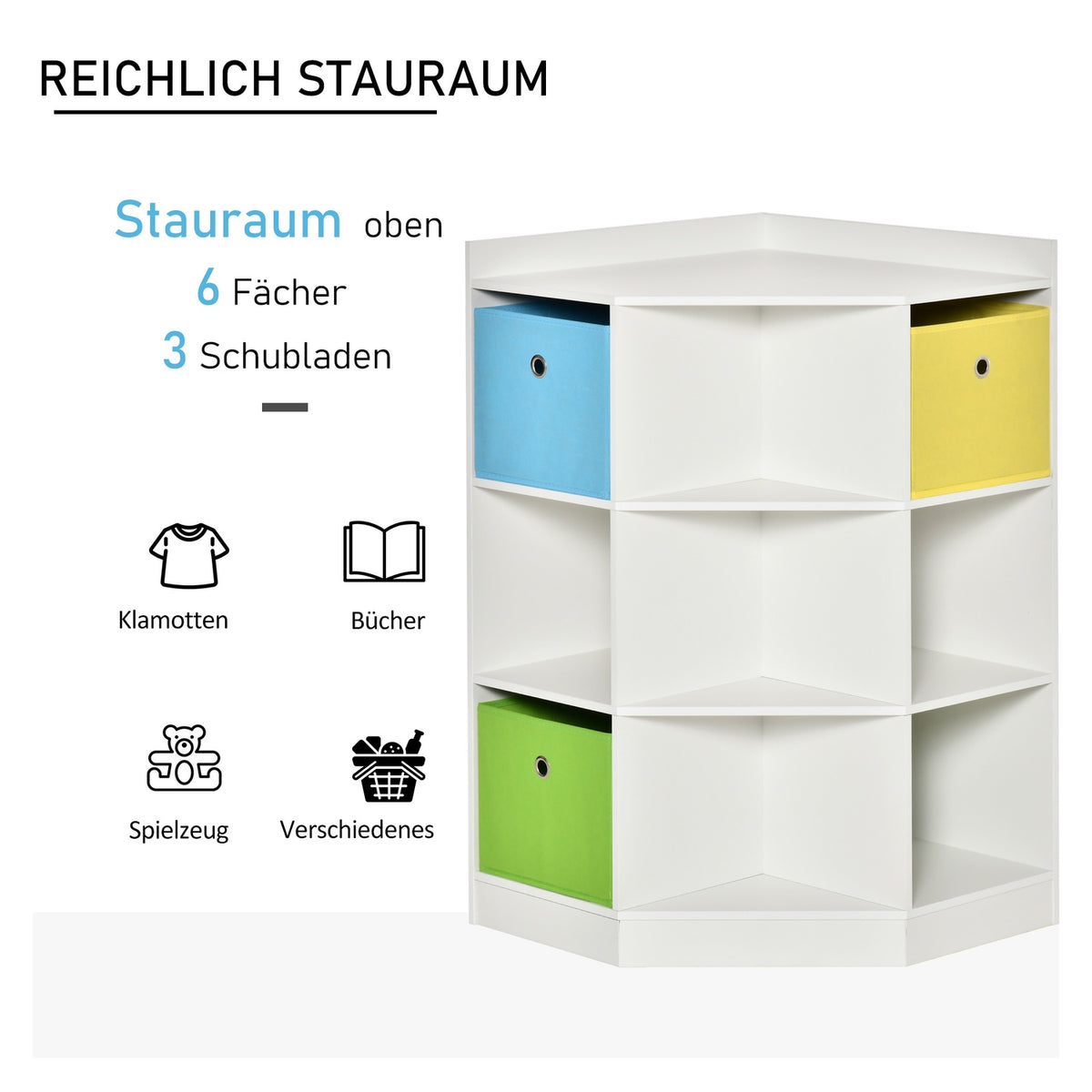 Kids Storage Shelf, 3 Fabric Drawers, MDF, White
