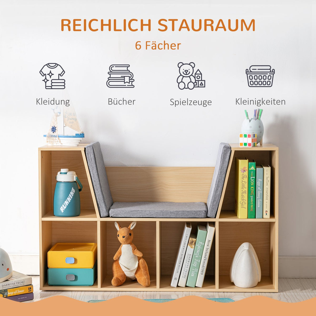 Kids Storage Shelf and Bench with Cushion, 103 x 30 x 62 cm