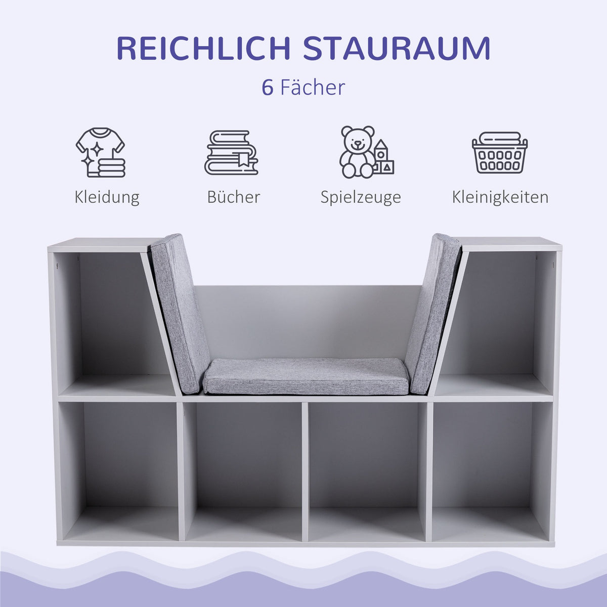 Kids Storage Shelf and Bench with Cushion, White/Grey
