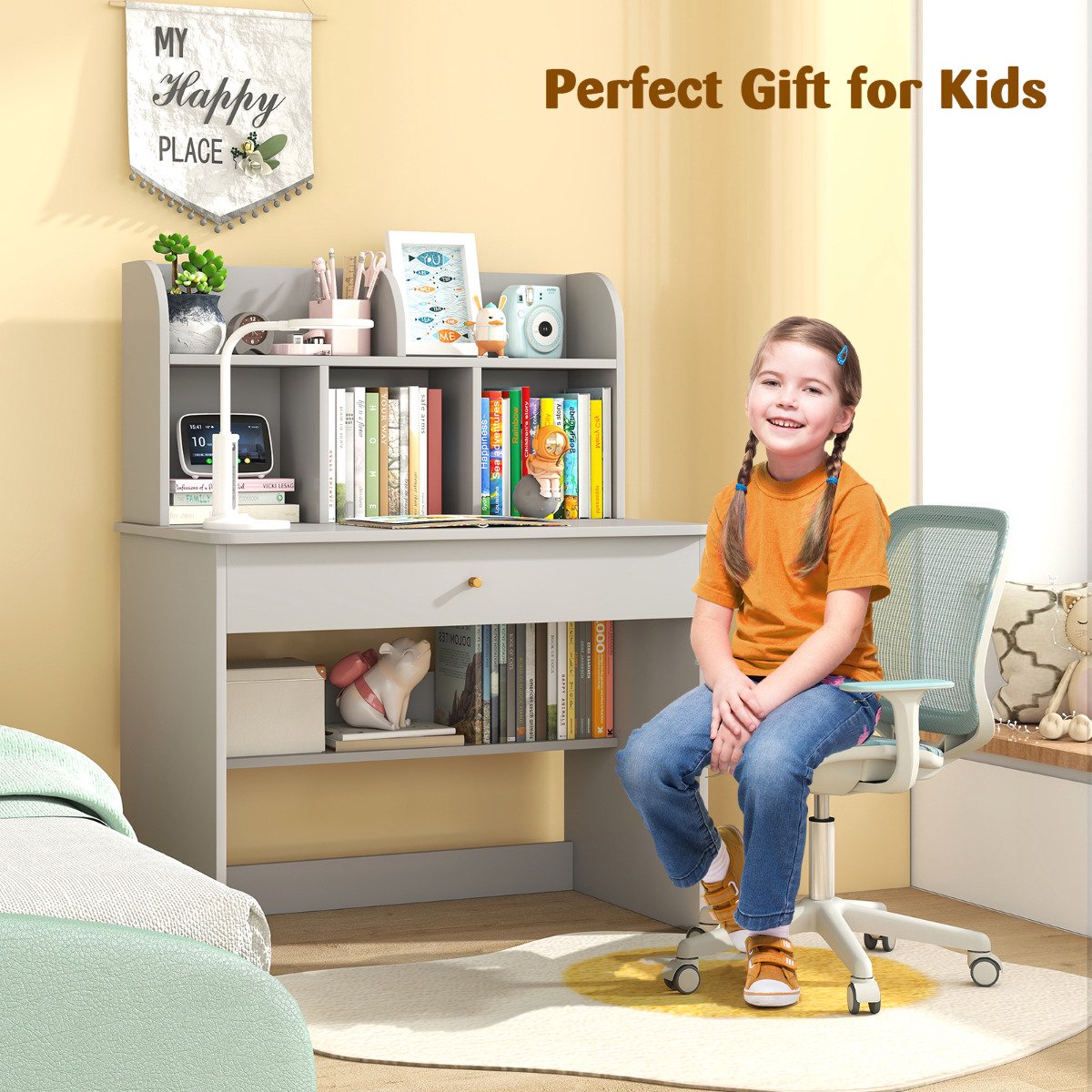 Kids Study Desk With Drawer And Storage Shelf, Grey