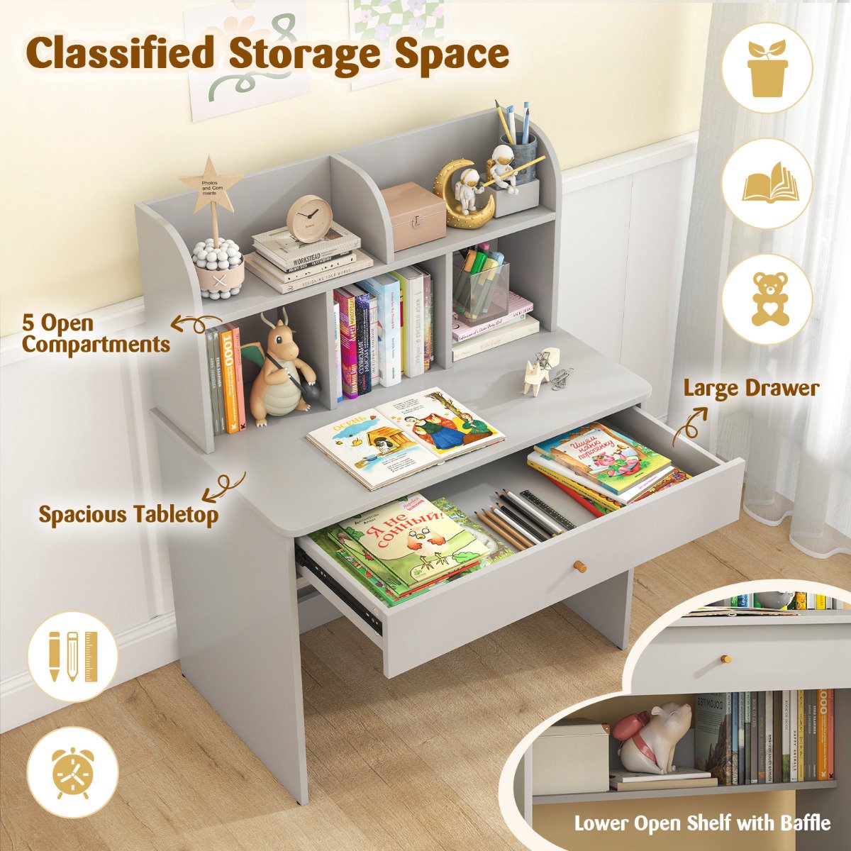 Kids Study Desk With Drawer And Storage Shelf, Grey