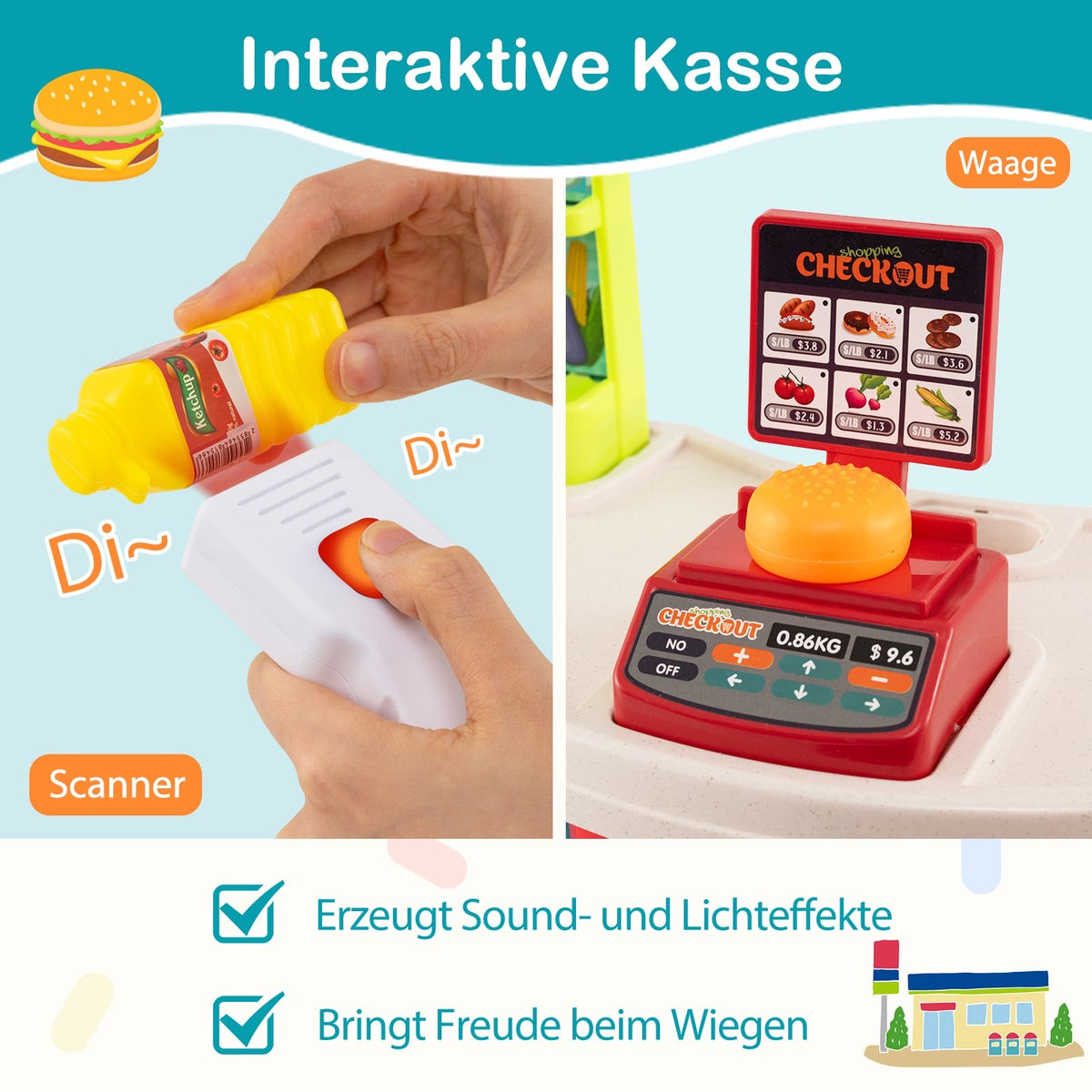 Kids Supermarket Playset with Cart, Scale & Scanner