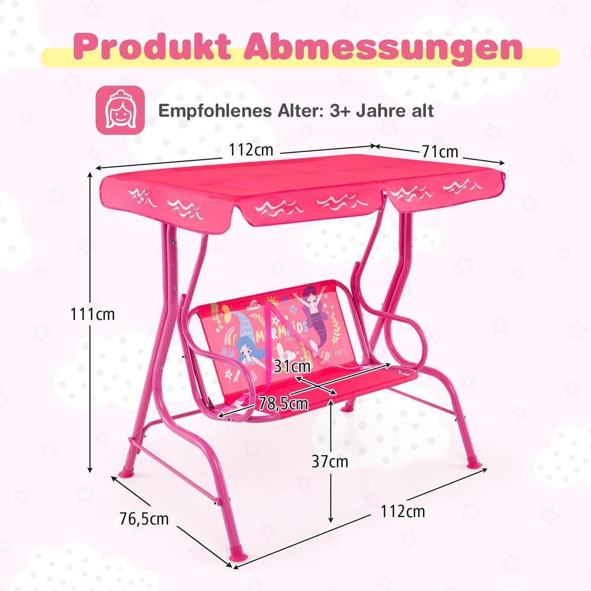 Kids Swing with Adjustable Canopy, Metal Frame, Pink