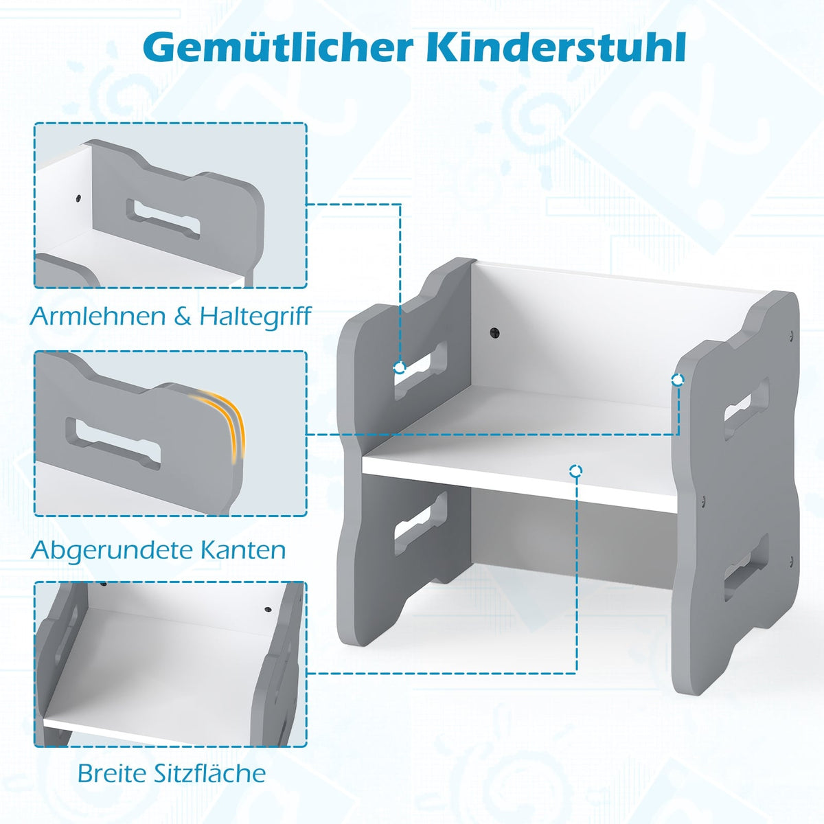 Kids Table & Chair Set, 3-Piece, MDF, Gray, Rounded Edges
