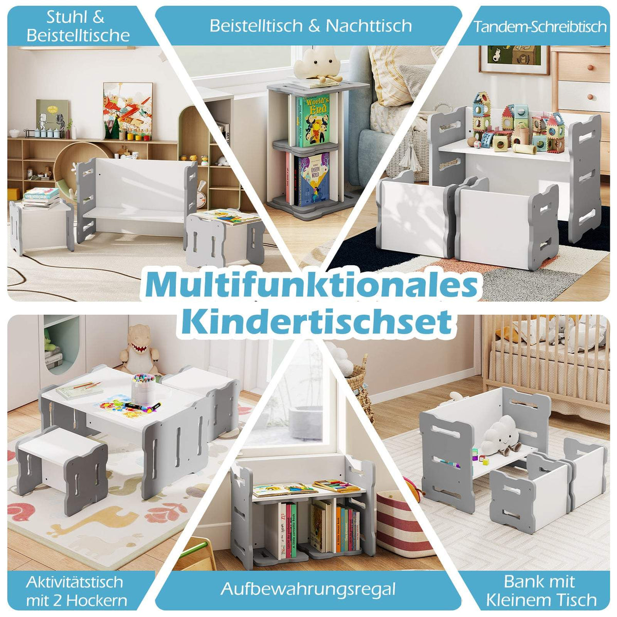 Kids Table & Chair Set, 3-Piece, MDF, Gray, Rounded Edges