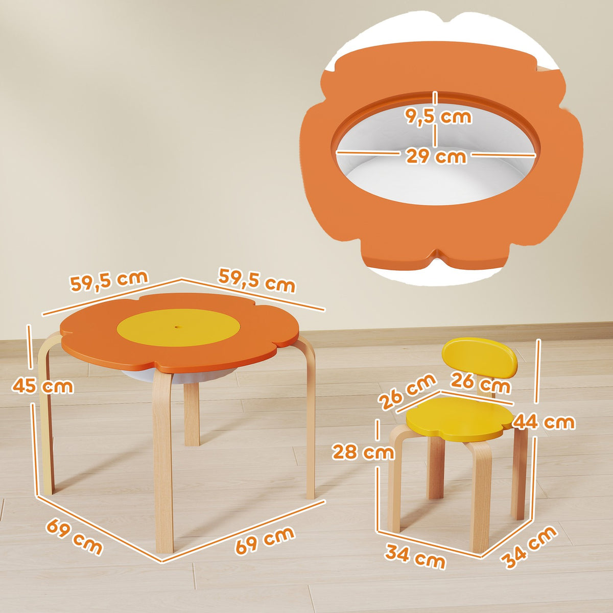 Kids Table & Chair Set, 5-Piece, Flower Shape, Wood