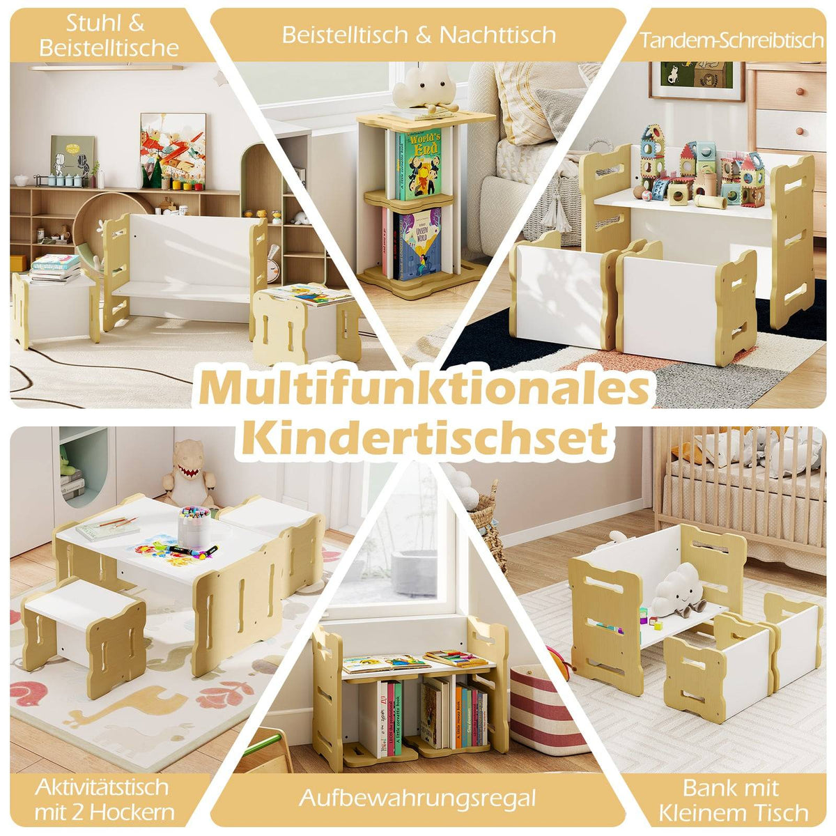 Kids Table & Chair Set with 2 Stools, Rounded Corners