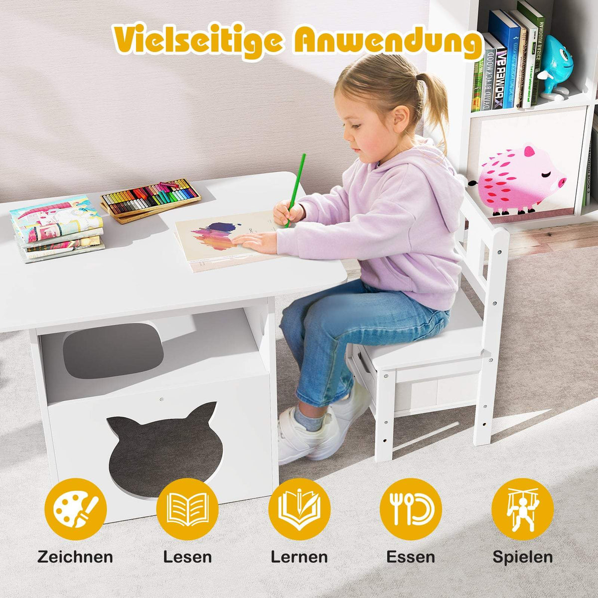 Kids Table Set with Cat House, 2 Chairs, Storage Boxes