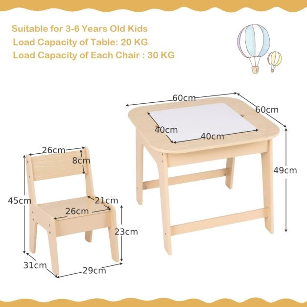 Kids Table and 2 Chairs Set, Chalkboard Whiteboard Top, Storage