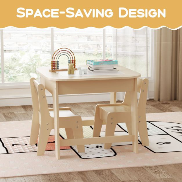 Kids Table and 2 Chairs Set, Chalkboard Whiteboard Top, Storage