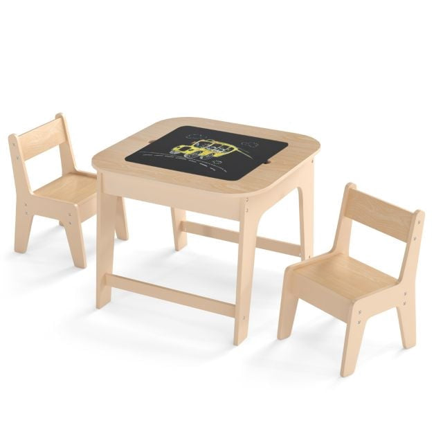 Kids Table and 2 Chairs Set, Chalkboard Whiteboard Top, Storage