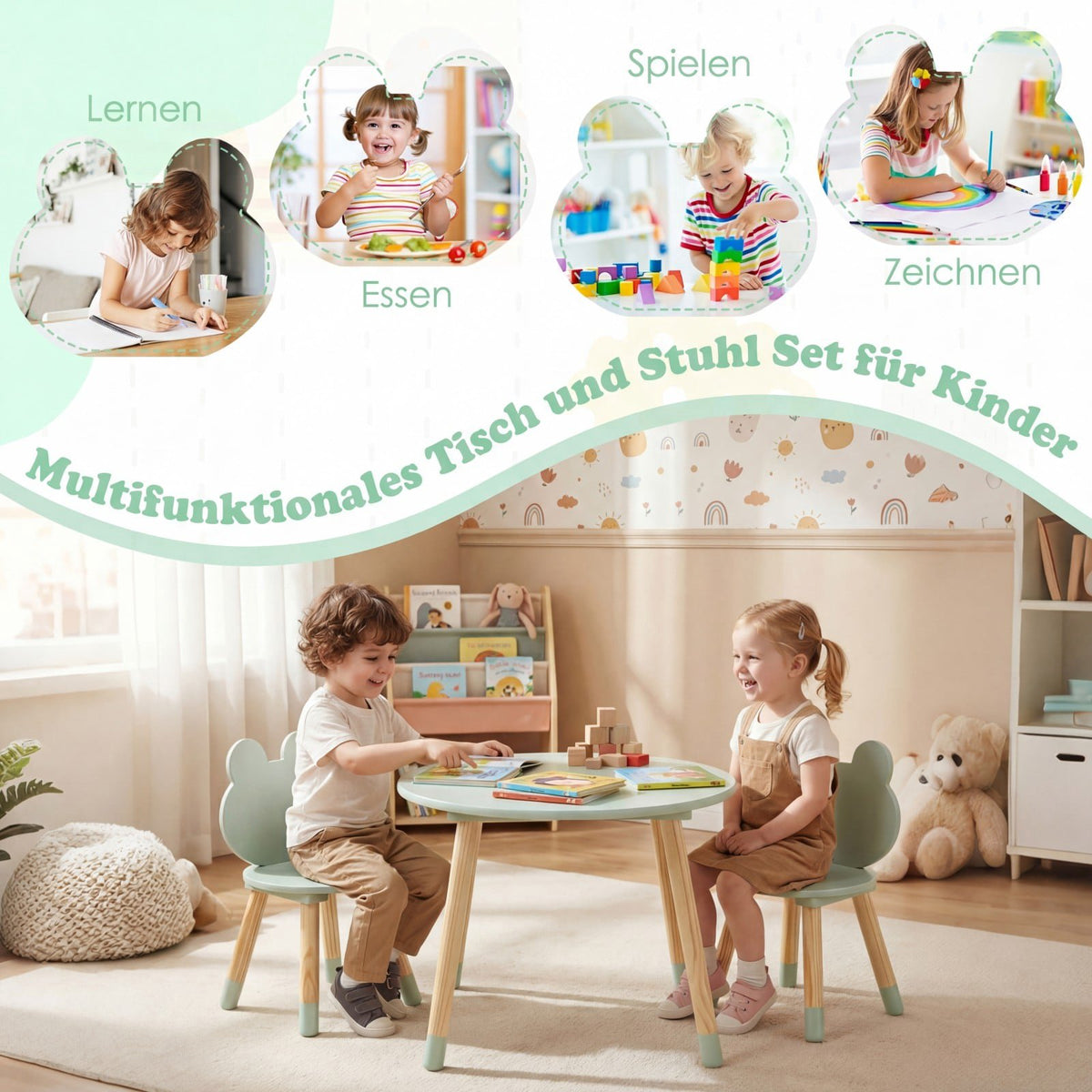Kids Table and 2 Chairs Set, Green, Pine Wood