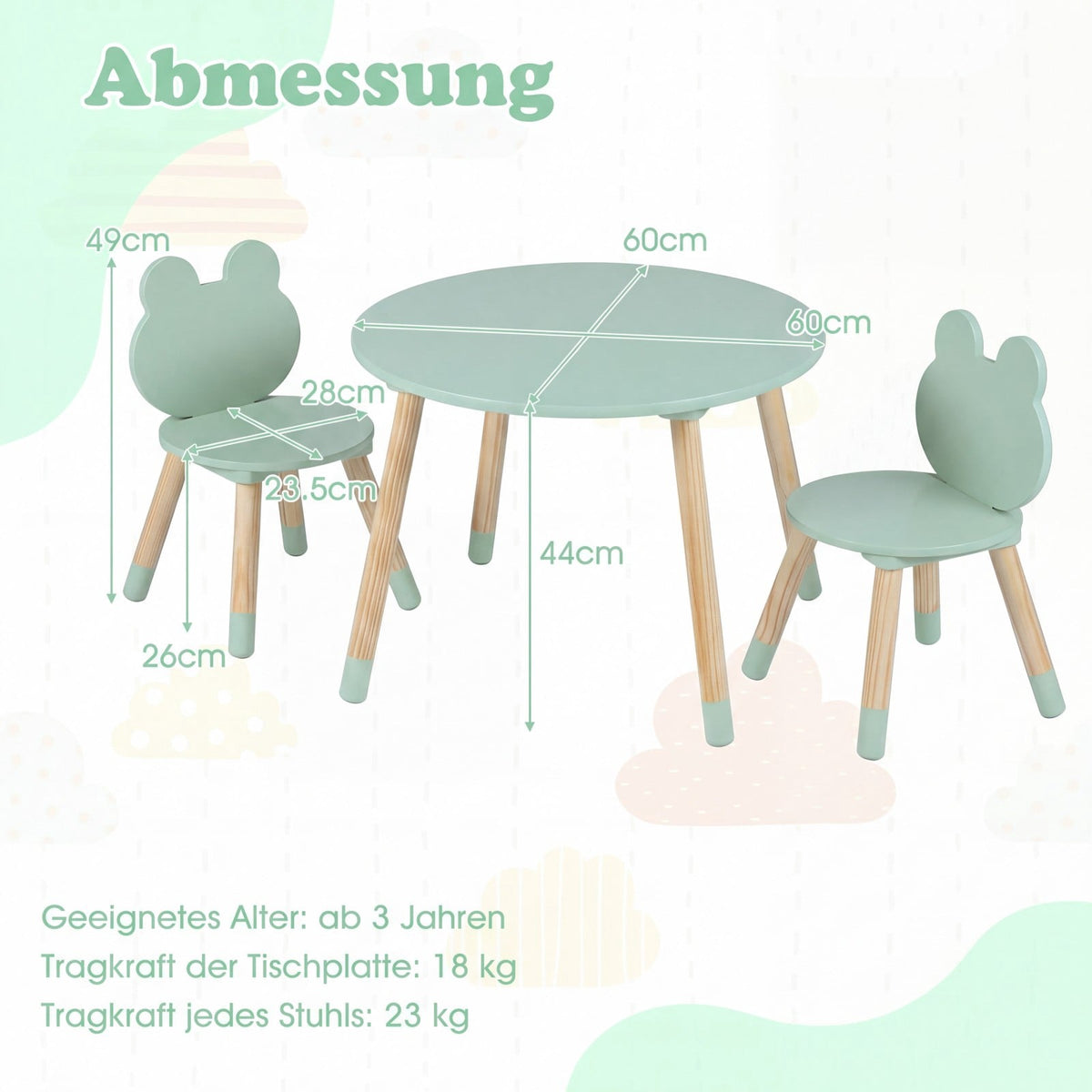 Kids Table and 2 Chairs Set, Green, Pine Wood