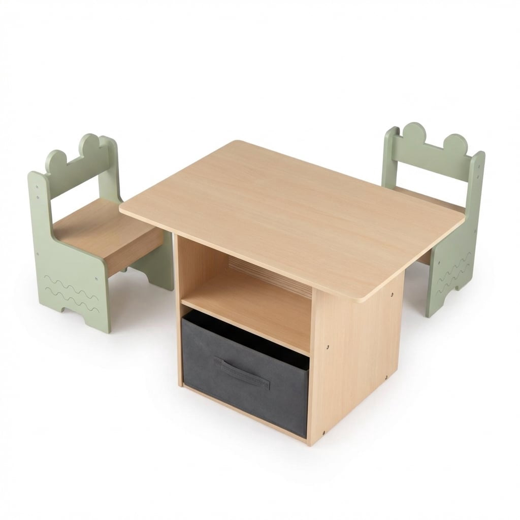 Kids Table and 2 Chairs Set With Storage Drawer, Wood