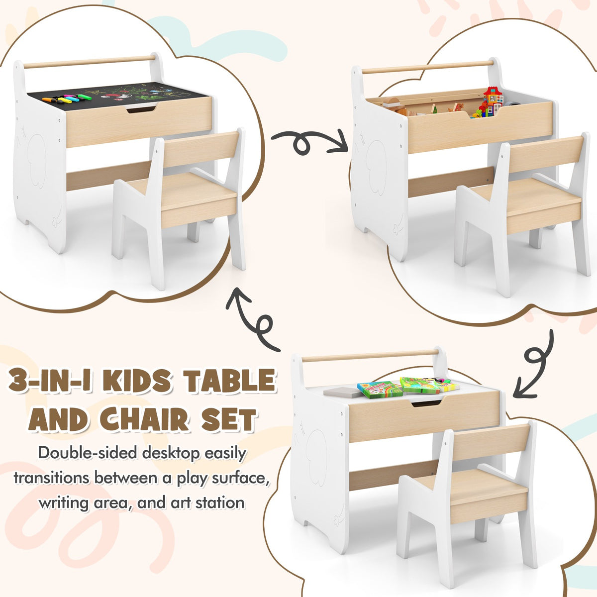 Kids Table and Chair Set – 2-in-1 Detachable Top, Chalkboard, Storage
