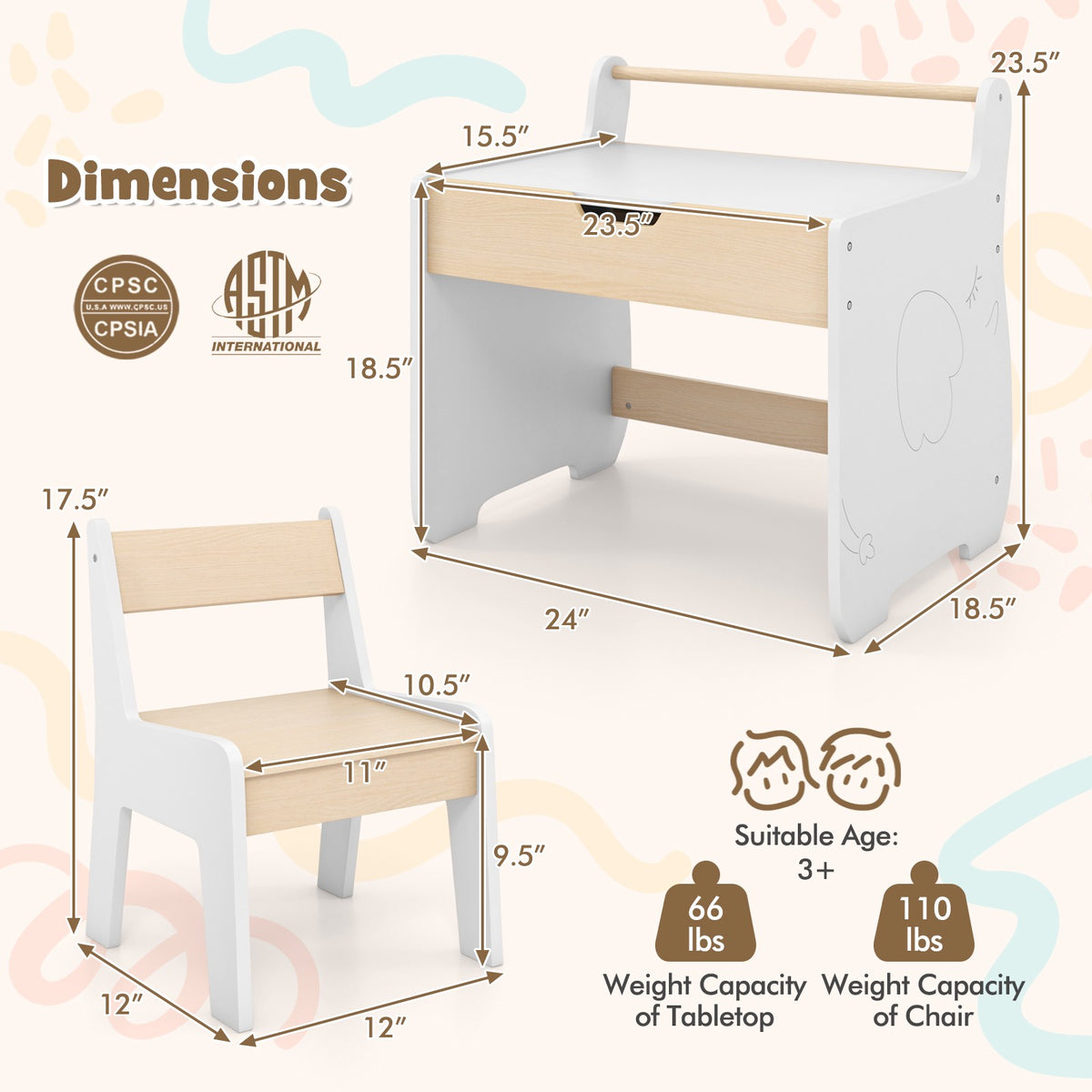 Kids Table and Chair Set – 2-in-1 Detachable Top, Chalkboard, Storage
