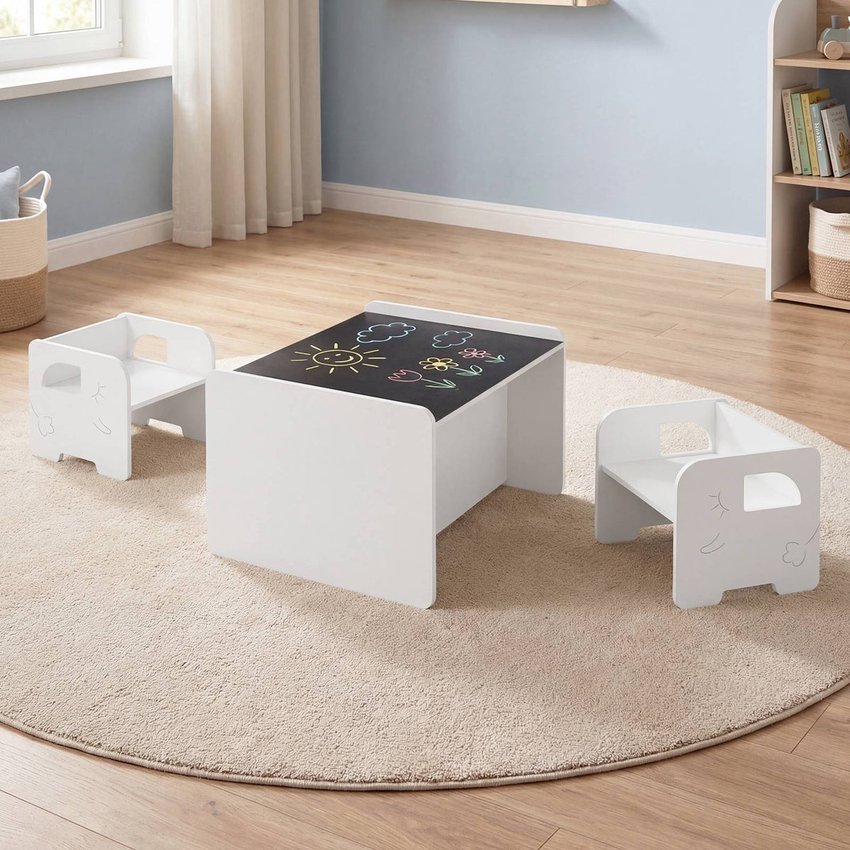 Kids Table and Chair Set, 3-Piece, Chalkboard, White