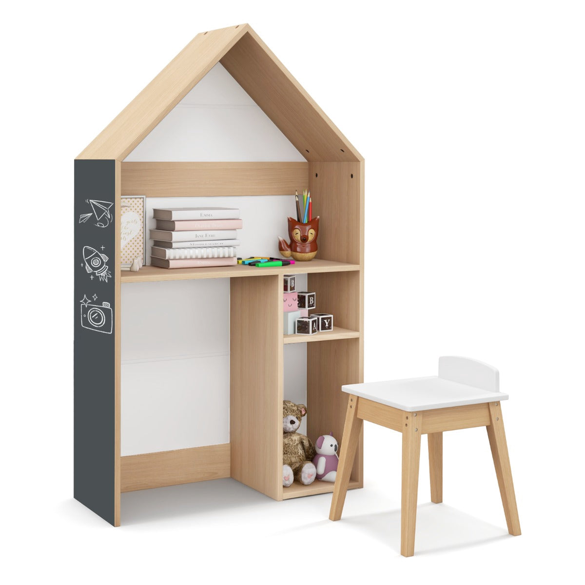 Kids Table and Chair Set with Blackboard, House Shape, White