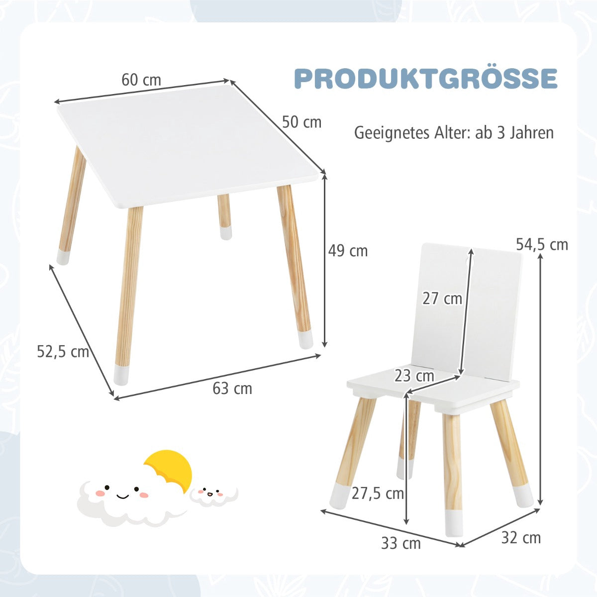 Kids Table and Chairs Set, Wood, White, 3-Piece